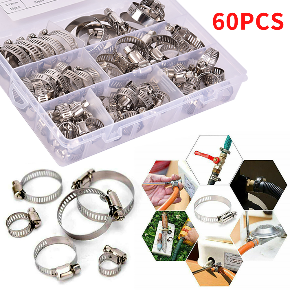 60Pcs Assorted Stainless Steel Hose Clamp Kit With No Driver Jubilee Clips Set 