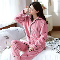 JULYS SONG Thick Flannel Pajamas Set 2 Pieces Female Winter Sleepwear Printing Long-Sleeved Trousers Warm Woman Home Wear