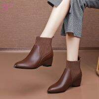 top●Women Wedge Heel Boots Shoes New Fashion Round Toe Knitting High Heel Ankle Boots Shoes for Women