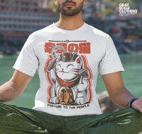 ?FORTUNE CAT? เสื้อยืดพิมพ์ลายสีขาวแขนสั้น ผ้า Polyester 65% Cotton 35% สวมใส่สบายระบายอากาศได้ดี