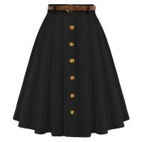 【CC】☜  Belle Poque Womens Stretch Waist Flared Skirts With Pockets   Belts Mid-calf A20