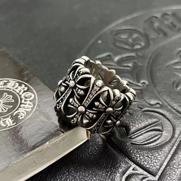 chrome-cool-hearts-หัวใจชุดเพชรแหวนกางเขนโครเมี่ยมสุดเท่สำหรับผู้ชายและผู้หญิงในแหวนพังค์ฮิปฮอปวินเทจสีเงินสเตอร์ลิง