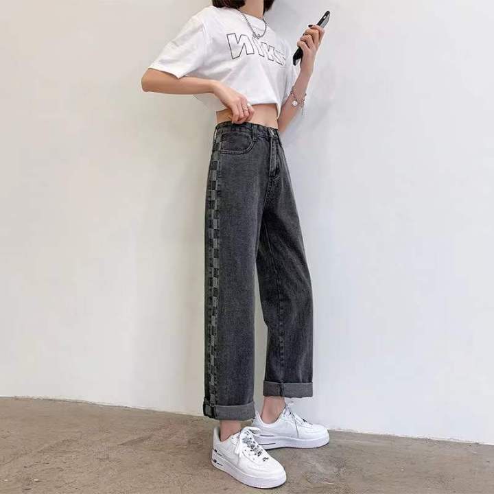 mrs-huang-shop-รุ่นใหม่พร้อมส่ง-กางเกงยีนส์ผู้หญิงขายาวลายสก๊อต-มีสองสี-เอวสูงทรงหลวมบางทรงหลวมตรงขากว้าง