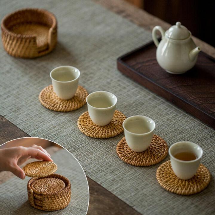 แผ่นรองจานหวายถักมือแผ่นรองแก้วที่รองแก้วทำจากเสื่อหวายสำหรับกระบอกใส่ชา