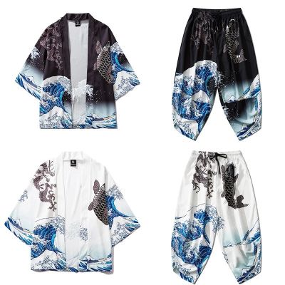 ชุดกิโมโนญี่ปุ่นแบบดั้งเดิมสำหรับผู้ชาย,เสื้อคลุมและกางเกงทรงหลวมบางเสื้อคาร์ดิแกน Kimono พิมพ์ลายปลาฮาราคุจู