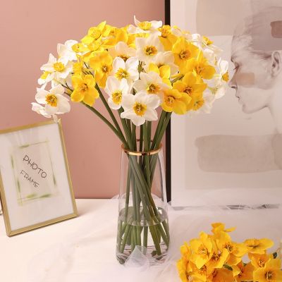 [AYIQ Flower Shop] 6ชิ้น/มัดผ้าไหมสีเหลือง D Affodil ประดิษฐ์ Narcissus ดอกไม้ช่อบ้านตกแต่งงานแต่งงานฤดูใบไม้ร่วงตกแต่งดอกไม้ปลอม