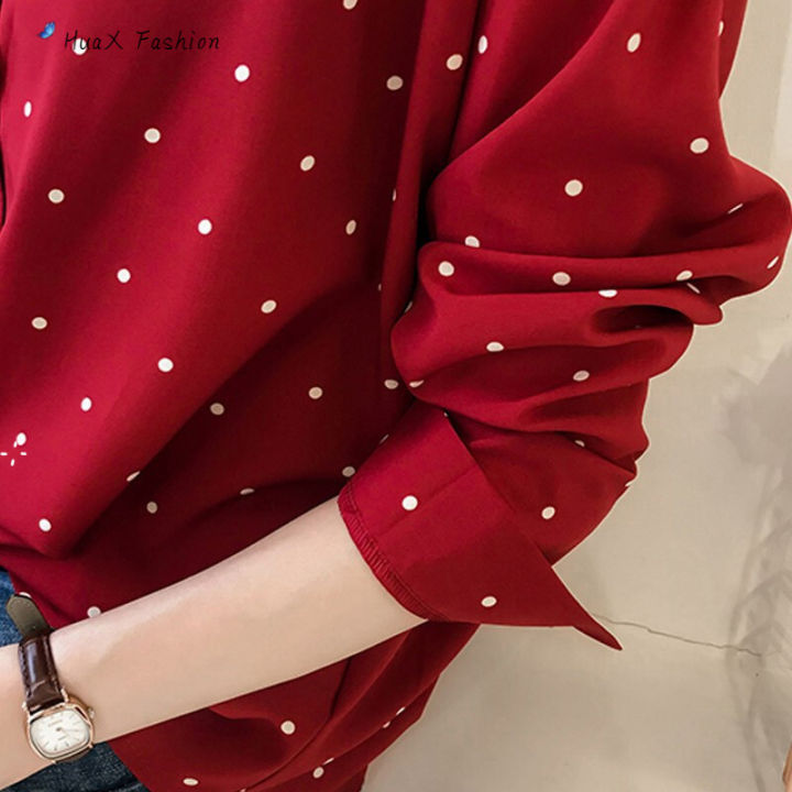 huax-เสื้อยืดคอปกสตรีแขนยาวแฟชั่นลำลองทรงหลวมเสื้อทูนิกกระดุมแถวเดียวเสื้อเสื้อชีฟอง