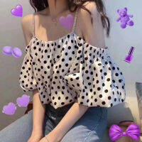 เสื้อยืดแฟชั่นโชว์ไหล่ผ้าชีฟองสำหรับผู้หญิงใส่ในฤดูร้อนเสื้อตุ๊กตาสายห้อยสำหรับแขวนเล็กและอมตะสุดๆดีไซน์ฉบับภาษาเกาหลีสำหรับผู้หญิง