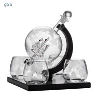 QXX Whiskey Decanter Globe Set with 4 Etched Globe Whisky Glasses - for Liquor, Bourbon, Vodka