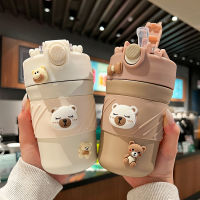 [High-End ถ้วย] 450ML หมีน่ารักคู่เครื่องดื่มแก้วกาแฟฟางแบบพกพาสแตนเลส Tumbler ฉนวนถ้วยขวดสำหรับเด็กผู้หญิง