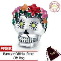 BAMOER จัดส่งฟรีตุลาคมคอลเลกชันฮาโลวีน925เงินสเตอร์ลิง September Flower Skull Charms ลูกปัดเคลือบสีสันเหมาะกับสร้อยข้อมือผู้หญิง DIY เครื่องประดับ SCC888