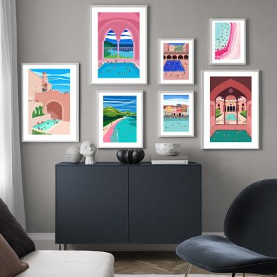 โมร็อกโก Pool Party Beach ว่ายน้ำ Arch Wall Art ภาพวาดผ้าใบ Nordic โปสเตอร์และพิมพ์ภาพผนังสำหรับตกแต่งห้องนั่งเล่น