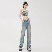 ♗✐▣ American Street Retro Ripped กางเกงยีนส์สุภาพสตรี Ink Wash กางเกงยีนส์ขากว้าง Casual Loose Straight Pants