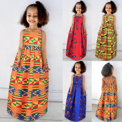 Girls Clothes Kids Baby Girls African Dashiki Traditional Style Sleeveless Strap Dress Ankara Princess Backless Dresses Outfits