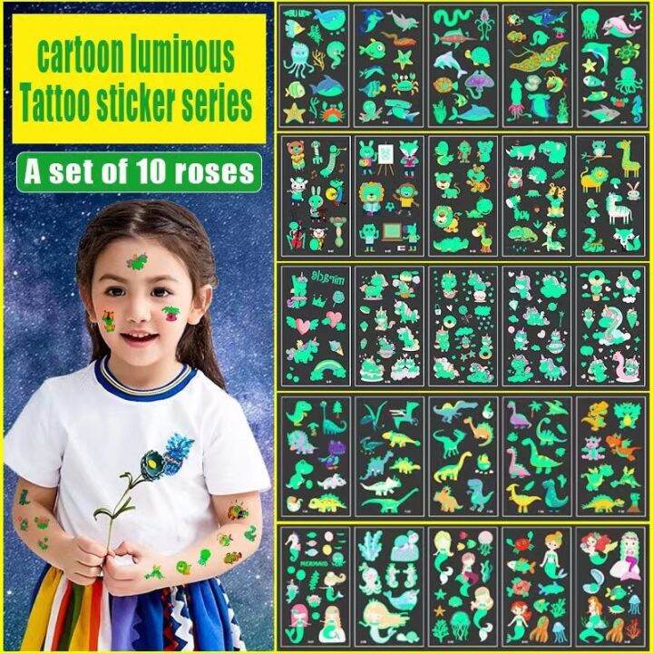 hot-dt-๑-10-pack-glowing-tattoos-facial-temporary-color-kids-stickers