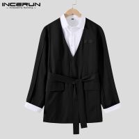INCERUN Men Korean Style Fashion Long Sleeve Solid Color V Neck Tie Up Blazer