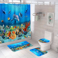 Underwater World Scenery Bathroom Curtains Dolphin Fish Shower Curtain Marine Plants Ocean Non Slip Toilet Lid Cover Bath Mat