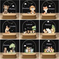 Personalized Baby Birth Night Light Custom Name Forest Woodland Friends With LED USB 7 Colors Wood Base Lamp For Birthday Gift