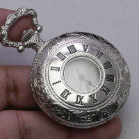 นาฬิกา Vintage มือสองญี่ปุ่น Pocket Watch นาฬิกาพก ระบบ QUARTZ ทรงกลม กรอบเงิน หน้าขาว หน้าปัด 46มม. ตัวเรือนสแตนเลสสลักลวดลายใช้งานได้ปกติ สภาพดี ของแท้ ไม่กันน้ำ