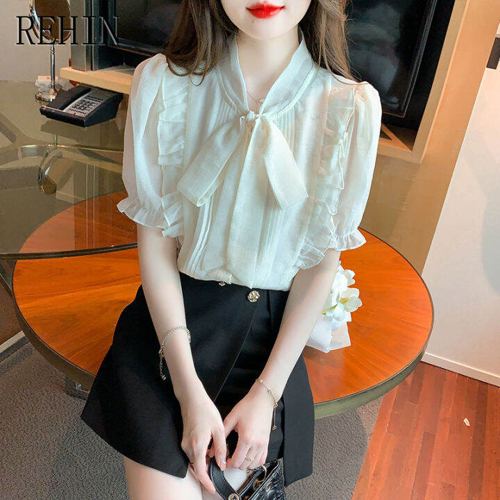 rehin-เสื้อผู้หญิงแขนสั้นผ้าชีฟองเสื้อหรูหราโบว์ฝรั่งเศสใหม่ฤดูร้อน