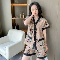 ✁◐ Ice silk pajamas womens summer explosion foreign style ins style live broadcast cartoon silk spring and summer home service short-sleeved suit