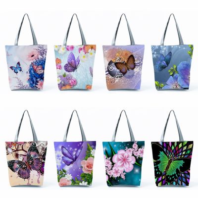 Beautiful Floral Butterfly Print Handbags High Capacity Casual Women Office Tote Bags Shopping Bags Portable Travel Beach Bags