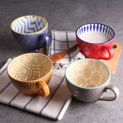 【High-end cups】เซรามิกมือวาดถ้วยกาแฟแก้วสำหรับชาสร้างสรรค์ถ้วยน้ำชาวินเทจอาหารเช้าถ้วยคาเฟ่นูนถ้วยชาที่มีสีสัน Handpainted