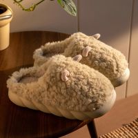 Winter Women Cute Home Plush Goats Horn Slippers Cartoon Warm Faux Fur Lining Fluffy Cozy Flat Non Slip Sole Ladies Shoes