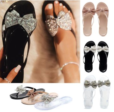 Cross-border spot female xia herringbone sandals bowknot ShanZuan craft sandals shoes pinch crystal jelly slippers