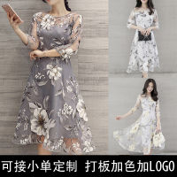 Gifts Spot European And American WomenS Thin Round Neck Seven -Point Sleeve Printed Yarn Dress Mid -Length