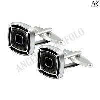 ANGELINO RUFOLO Cufflink(คัฟลิงค์) ดีไซน์ Black Shield กระดุมข้อมือคัฟลิ้งโรเดียมคุณภาพเยี่ยม ตัวเรือนสีเงิน/สีดำ