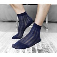 Mens Transparent Mesh Short Ankle Socks Soft Nylon Business Men Tube Ultra-thin Silky Socks Navy Black Male Sheer Striped Sock