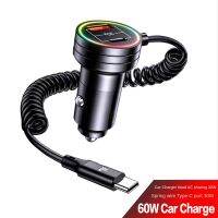 Mini USB Car Charger Adapter 60W Fast Charge with Cable 3 in 1 with Type-C Spring Expansion Cable Adapter for IPhone 13