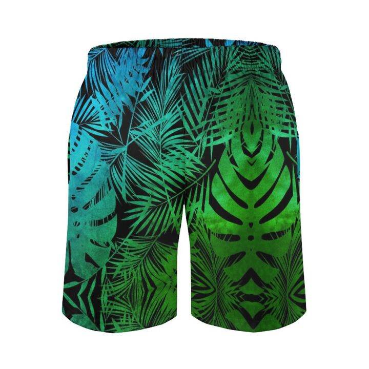 palm-leaf-print-board-shorts-green-ombre-tropical-quality-beach-pants-elastic-waist-large-size-กางเกงว่ายน้ำผู้ชาย