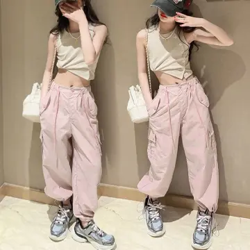 Summer Pants Wide Leg for Kids Girls 7-16 Years Old Loose Pants Cargo Pants  4 Pocket Casual Ice Silk Teens Trousers Elasticated Waist Cargo Baggy Pants  New Pants Aesthetic Korean Style Candy