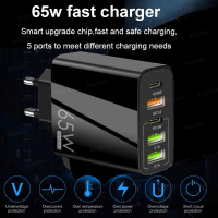 Acgicea 65W PD USB Type C Charger Quick Charge 3.0 5พอร์ตอะแดปเตอร์ชาร์จศัพท์สำหรับ 12 13 Pro Max Samsung Xiaomi 11