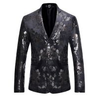 ZZOOI Luxury Flower Bronzing Blazer Jacket Men Single Breasted Slim Fit Casual Blazer Jackets Mens Party Wedding Groom Blazer Hombre