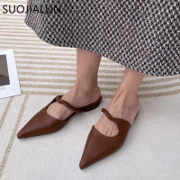 SUOJIALUN 2022 Spring New Women Slipper Fashion Pleated Slip On Pointed Toe Ladies Mules Shoes Shallow Casual Outdoor Slides Sho