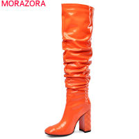 MORAZORA 2022 big size 45 women knee high boots square toe slip on autumn winter boots high heels party Night Club Shoes woman