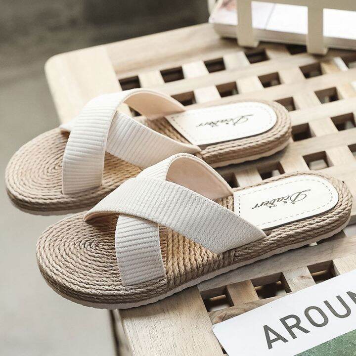 new-2023-imitation-hemp-straw-tourism-on-women-sandals-outside-wearing-a-word-procrastinates-flat-beach-fashion-cross-bring-the-slippers