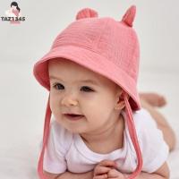 Topi Bucket ฤดูใบไม้ผลิ TAZ1345ปรับได้3-12M สำหรับเด็กผู้หญิงเด็กผู้ชายเด็กผู้หญิงสีแข็งแน่นสไตล์เกาหลีหมวกเด็กอ่อนหมวกคลุมใบหูกระต่ายหมวกบังแดด