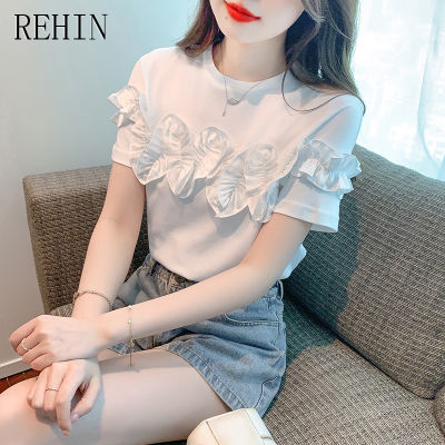 REHIN เสื้อเบลาส์แขนสั้นสำหรับผู้หญิง,เสื้อเบลาส์แขนสั้นดีไซน์เวอร์ชันเกาหลีฤดูร้อน