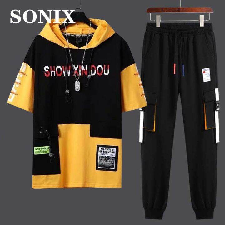 hnf531-sonix-เสื้อสเวตเตอร์มีฮู้ดผู้ชายเสื้อสเวตเตอร์แขนสั้นสไตล์ญี่ปุ่นเทรนด์ลำลอง2ชิ้นแฟชั่นวัยรุ่นสูทกีฬาเกาหลีสำหรับฤดูร้อน