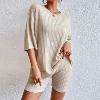 Tees WomenS T-Shirt Vacation Short Sets Fashion Ribbed Solid And Summer Shorts Suit Casual Lounge Knitting Two Tops Set Piece