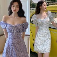 Womens Casual Floral Dress r Puff sleeve Plain Print Square Neck Lace Up Bubble short Sleeve Dress with Sleeves