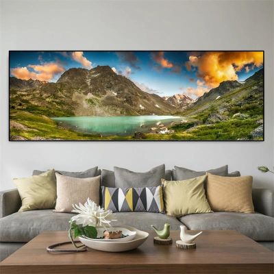 ภูมิทัศน์ Panoramic Mountain Lake Sunset ภาพวาดผ้าใบโปสเตอร์และพิมพ์ภาพผนังศิลปะ Cuadros ตกแต่งบ้านไม่มีกรอบ