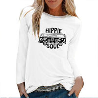 Hippie Soul Car Print Long Sleeve Tshirts Tshirts White Crew Neck Graphic Tee Gildan