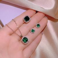 Classic Womens Three-piece Jewelry Set Emerald Ring Fashion Green Zircon Ring Earring Necklace 925 Jewelry Set 【BYUE】