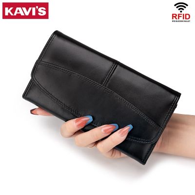 （Layor wallet）  KAVIS แฟชั่นใหม่ผู้หญิงกระเป๋าสตางค์ยี่ห้อหนังยาวที่มีประโยชน์กระเป๋าสตางค์กระเป๋า Rfid หนังแท้หญิงคลัทช์ผู้ถือบัตร Carteras