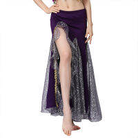 สไตล์ใหม่เลื่อม Gauze Belly Dance Slits ออกแบบกระโปรงผู้หญิง Belly เต้นรำกระโปรงยาว Dancer S Practice Wear